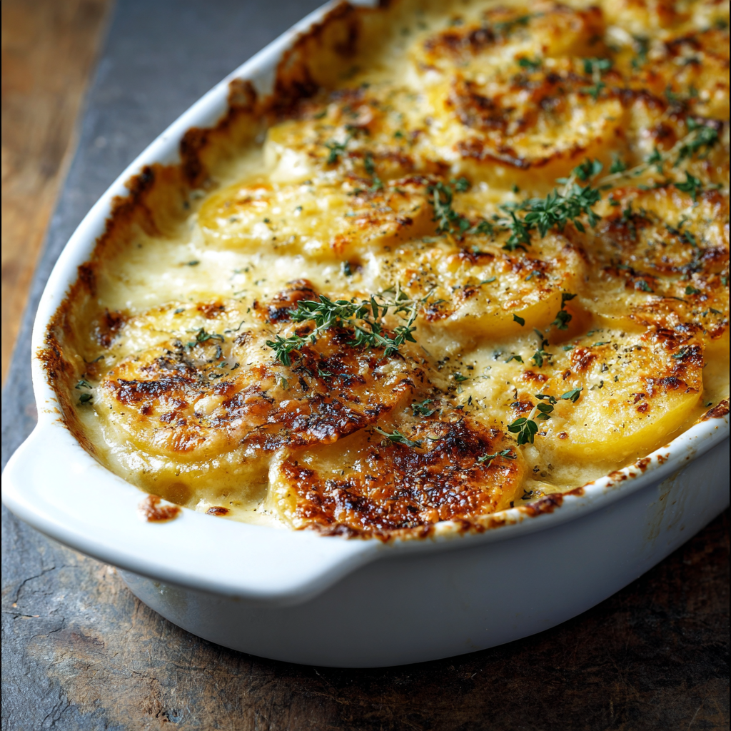 Baked gratin bubbling and golden
