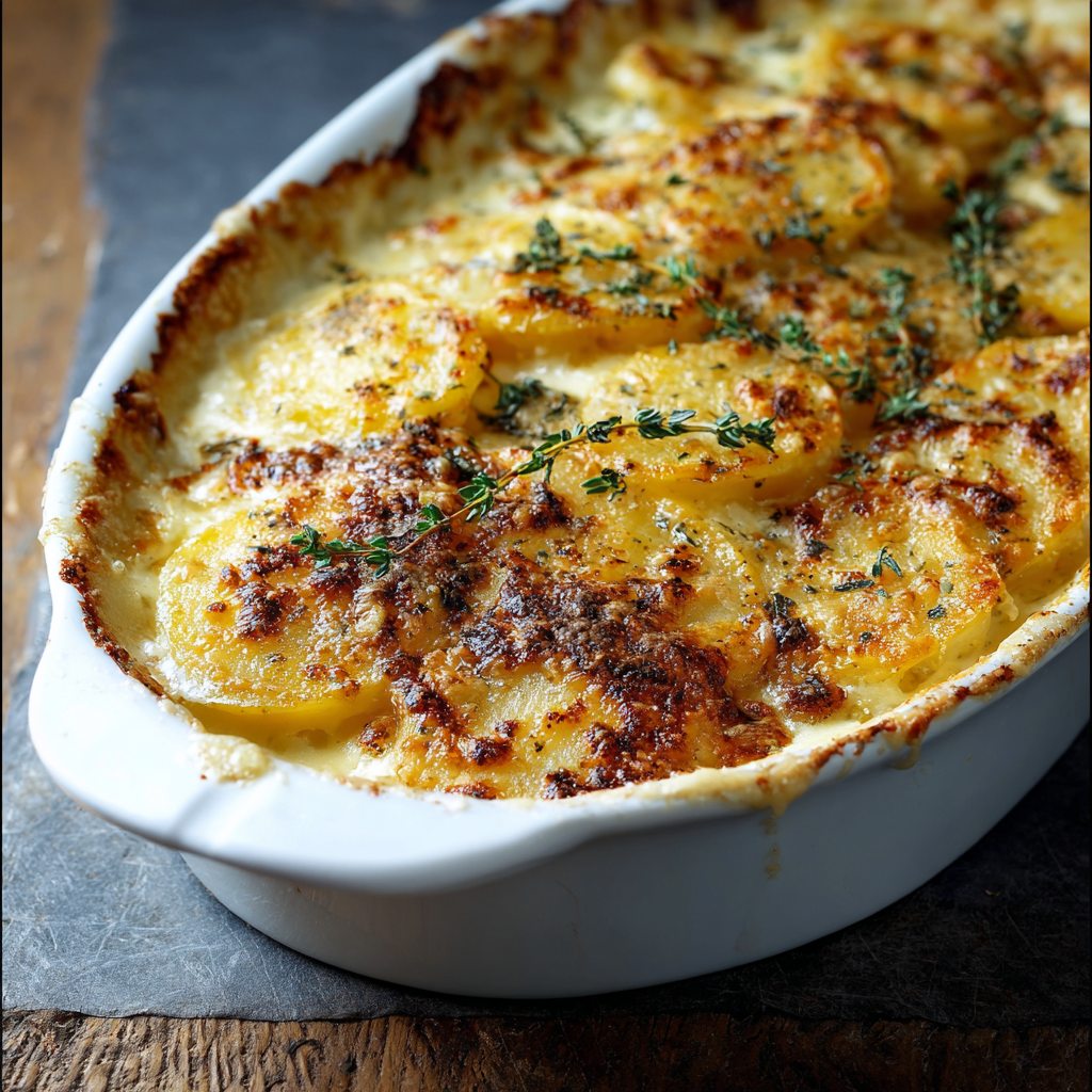 Slice of gratin plated with garnish