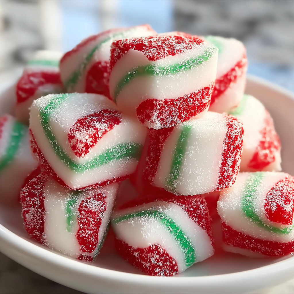 Close up of powdered sugar dusted surface with peppermint discs