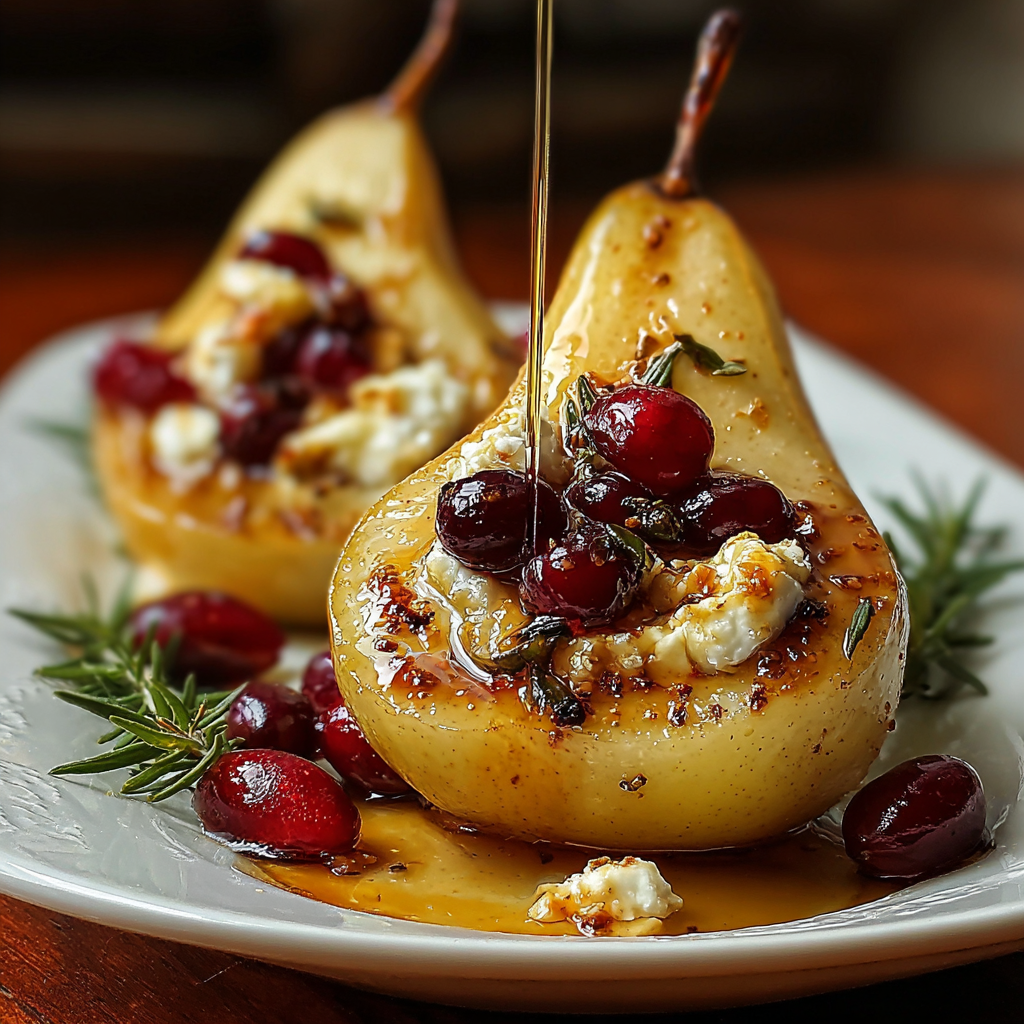 Baked pears with goat cheese and cranberries in a baking dish