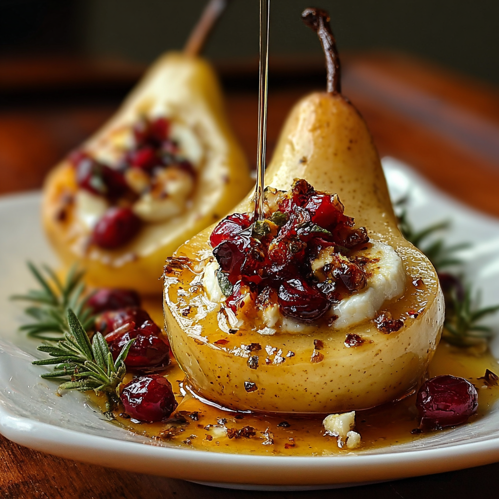 Close-up of pear half topped with goat cheese and cranberry compote