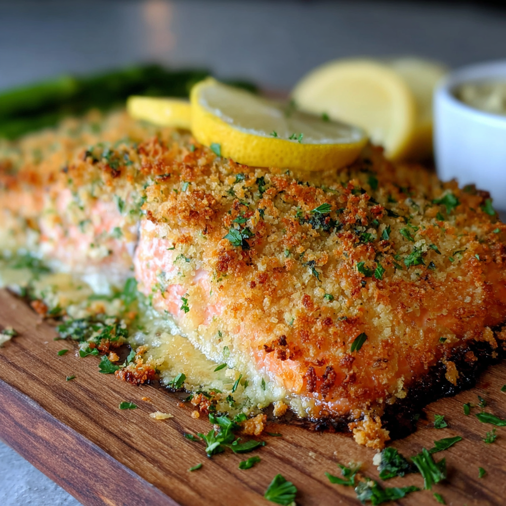 Parmesan-crusted salmon on baking sheet
