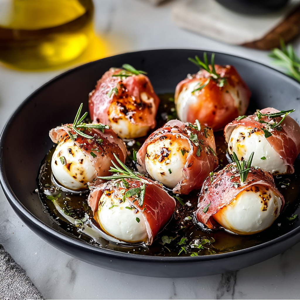 Prosciutto wrapped mozzarella bites on a baking tray