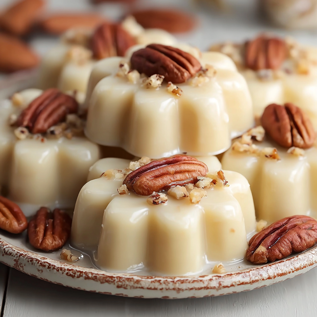 Toasted pecans and bubbling praline mixture in pan