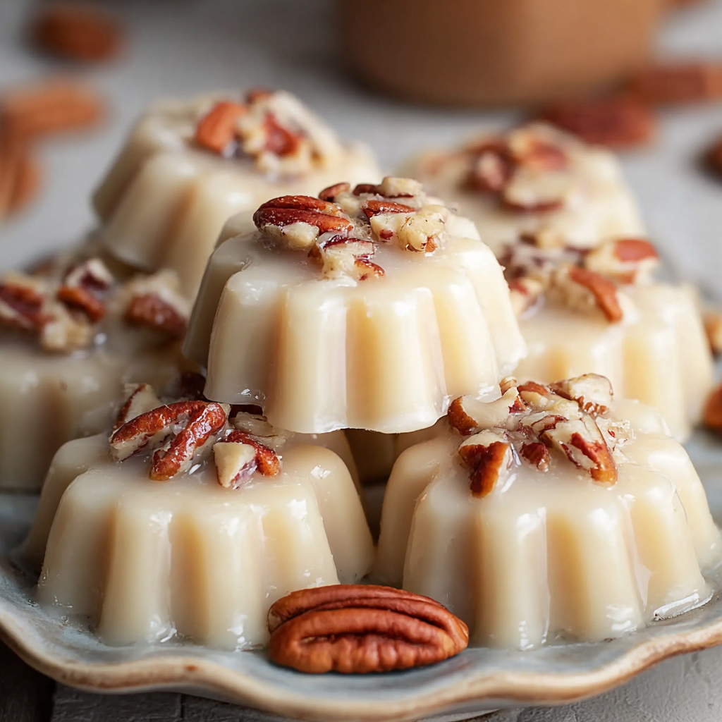 Vanilla pecan pralines cooling on parchment lined tray