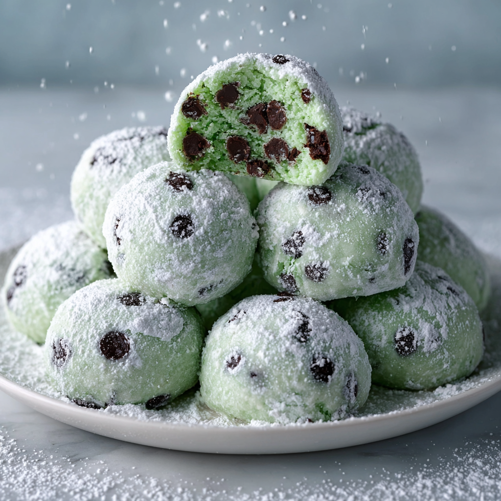 Close up of powdered sugar dusted mint chocolate cookies