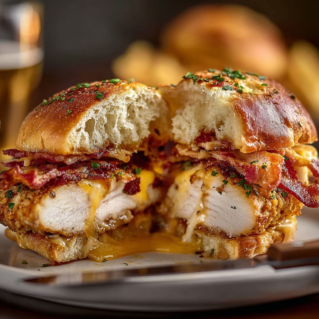 Close-up of a sliced slider showing melted Gouda and bacon