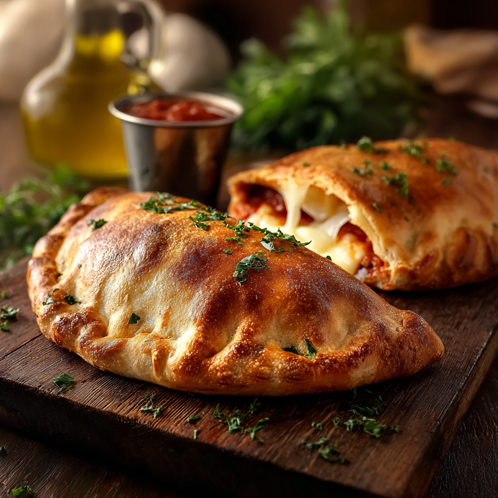 Four golden baked calzones cooling on a rack