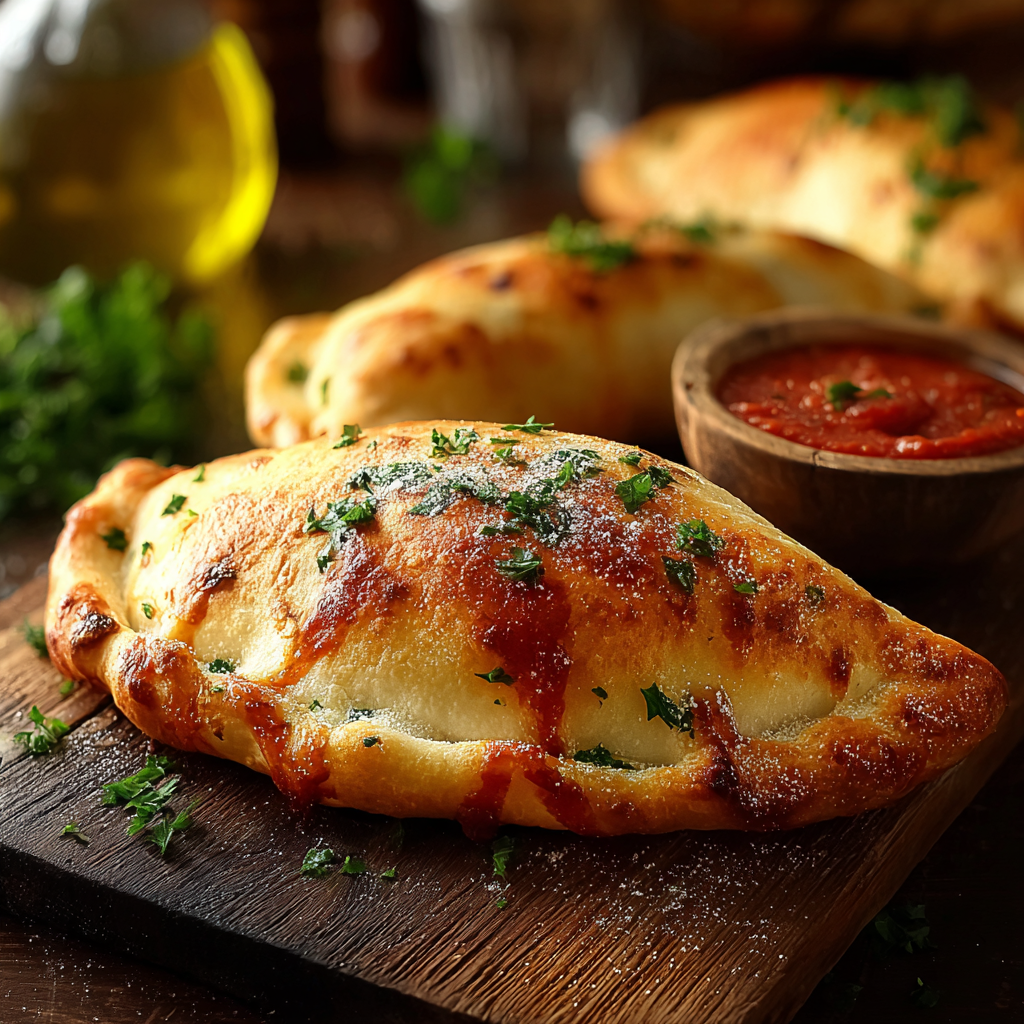 Sliced calzone with dipping sauce and fresh basil garnish