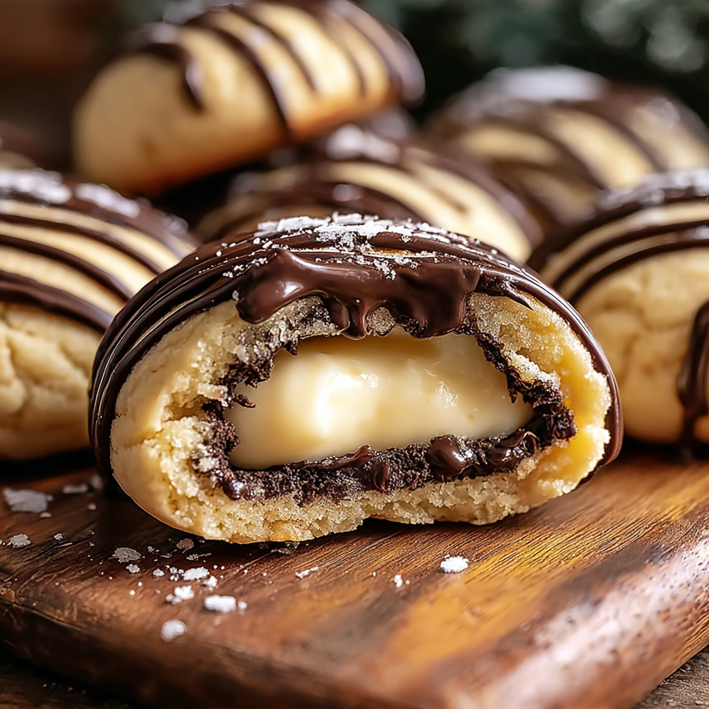 Close-up of filled cookie bite with chocolate drizzle