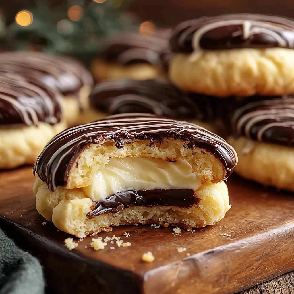 Boston Cream Pie Cookie Bites - ingredients and cookies on baking sheet