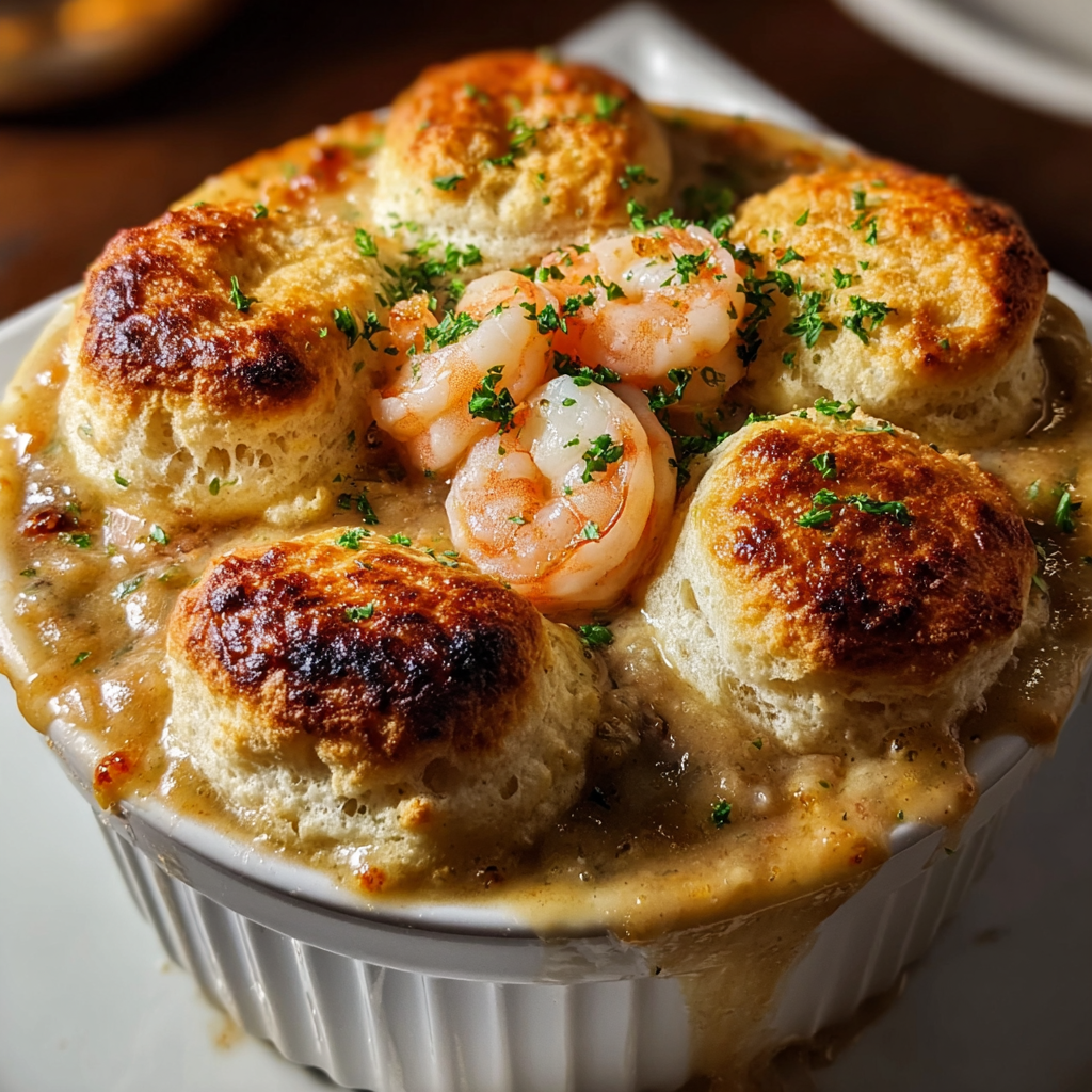 Baked shrimp and lobster biscuit pot pie with golden biscuits