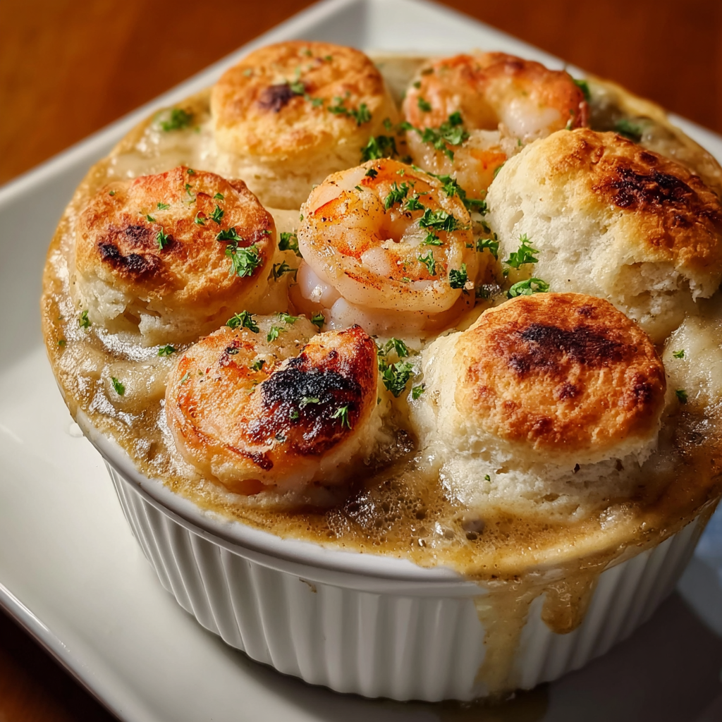 Individual ramekins of shrimp and lobster pot pie topped with biscuits