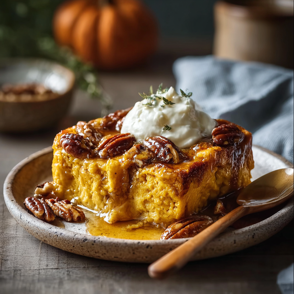 Pumpkin cottage cheese bake fresh from the oven with pecan topping