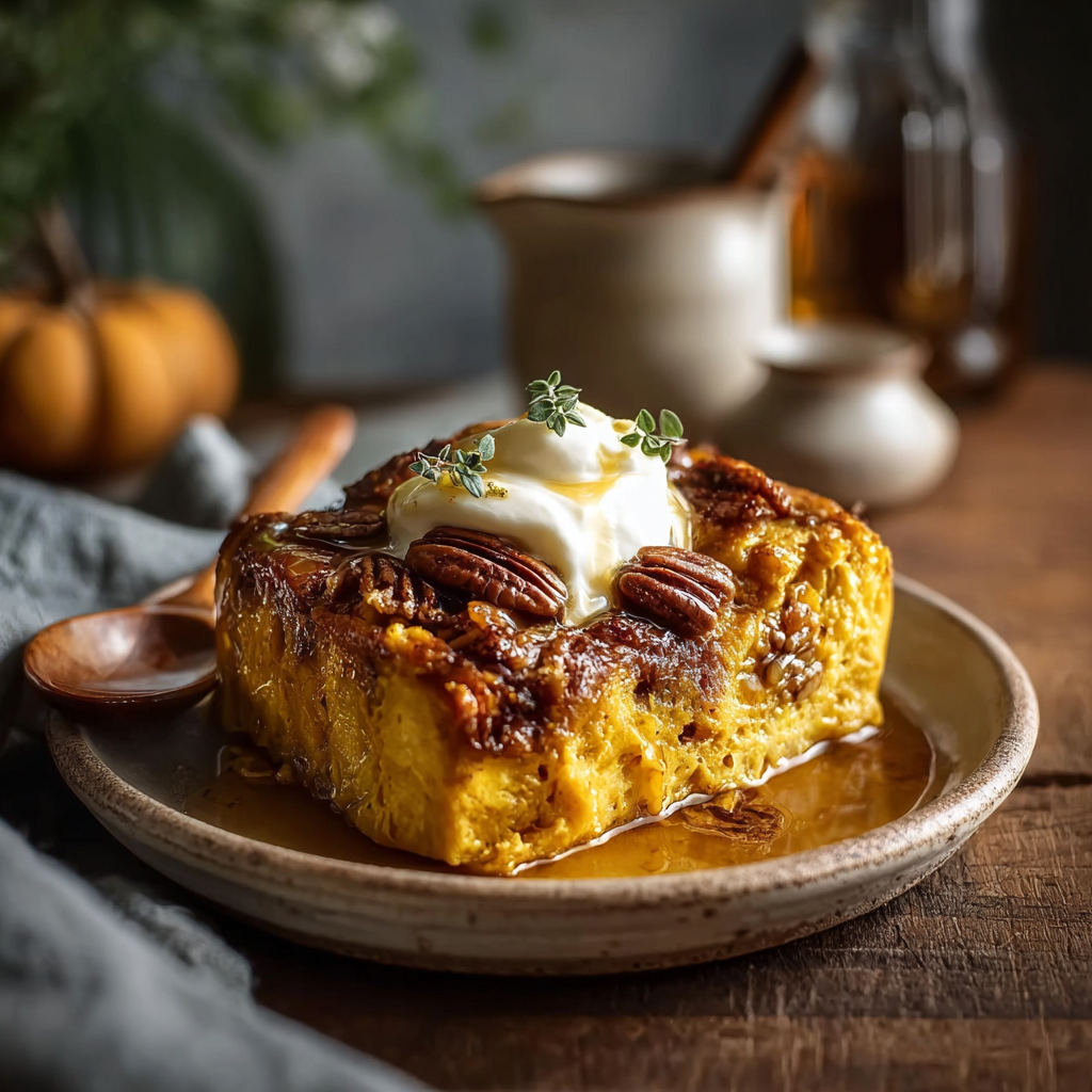 Individual servings of pumpkin cottage cheese bake plated with yogurt