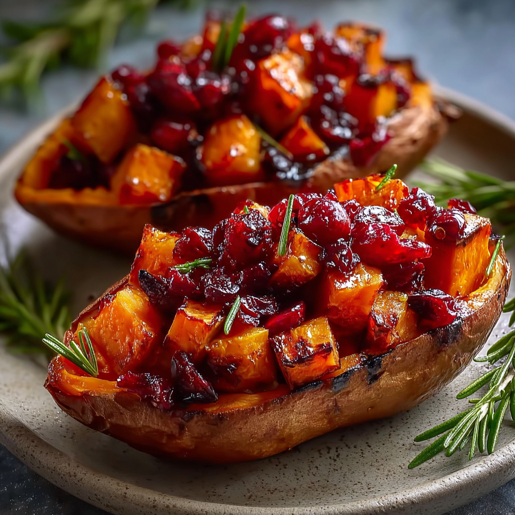Plated twice-baked sweet potato halves with cranberry apple topping
