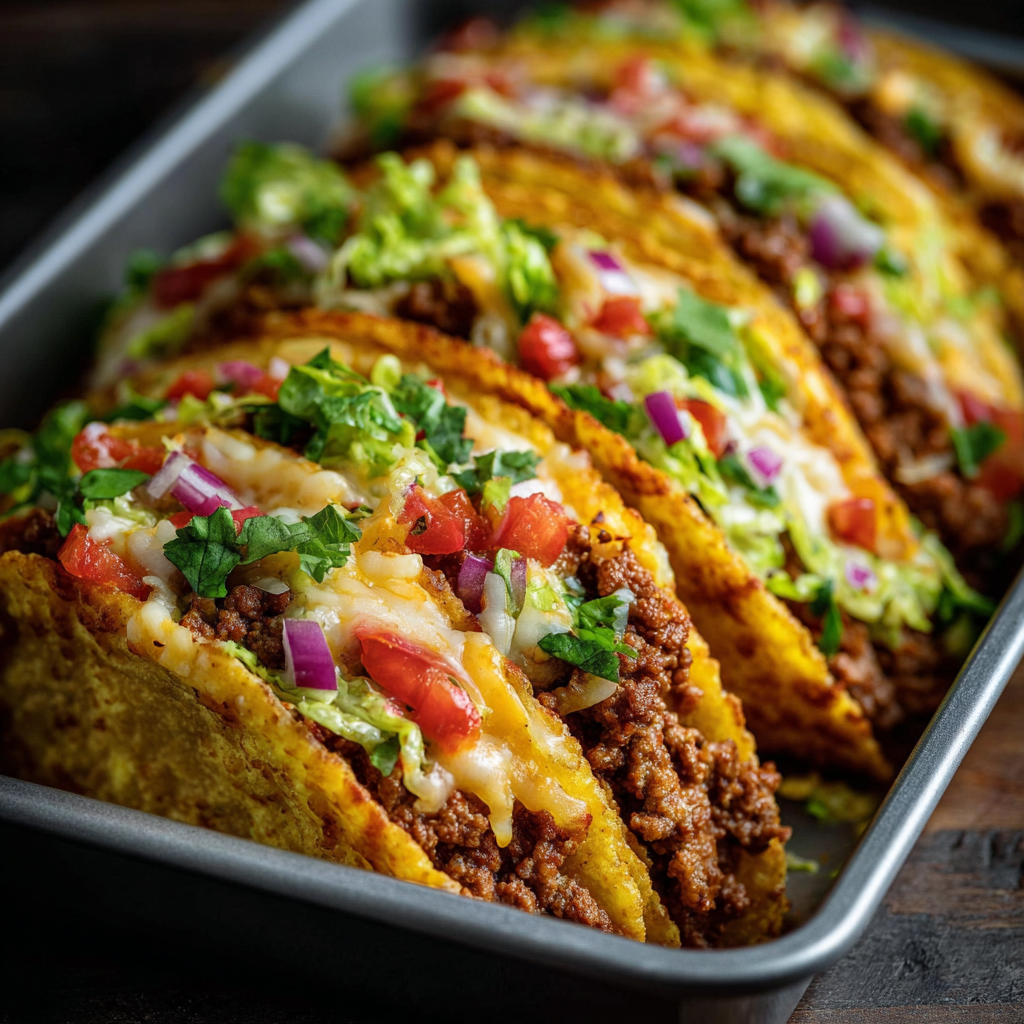 Close-up of melted cheese and seasoned beef in taco shells