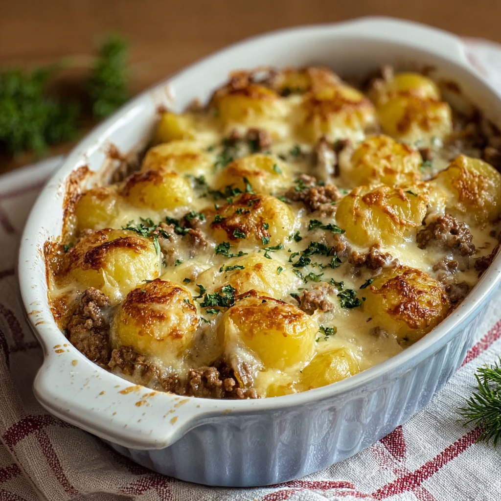 Casserole de bœuf et pommes de terre en train de gratiner