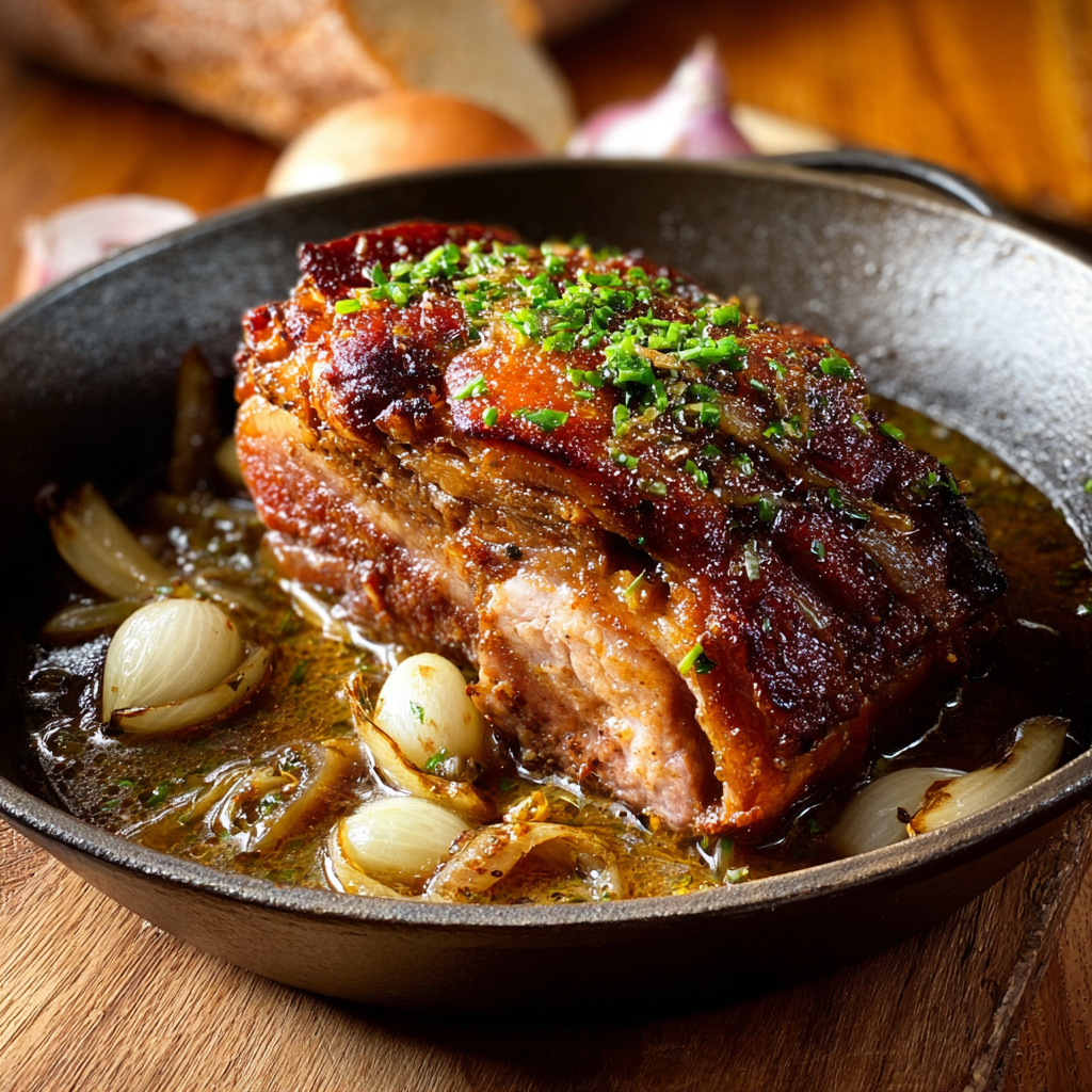 Rouelle de porc braisée sur lit d'oignons