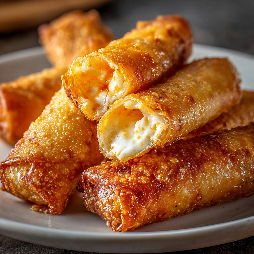 Rolled buffalo chicken dip egg rolls on a tray