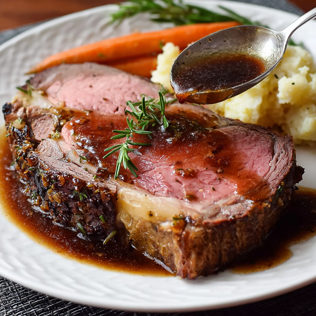 roast resting while au jus simmers gently