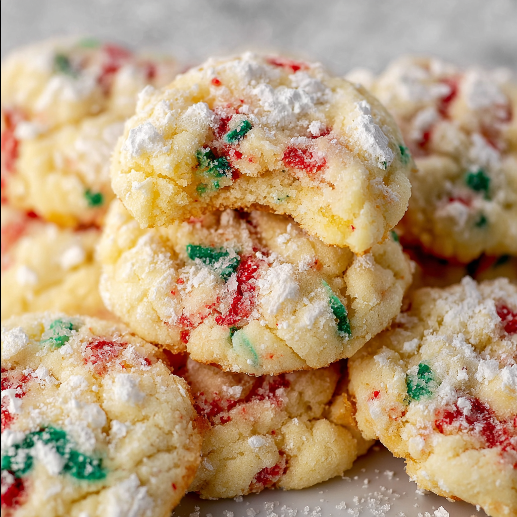 Close-up of a gooey cookie split to show soft center and festive sprinkles