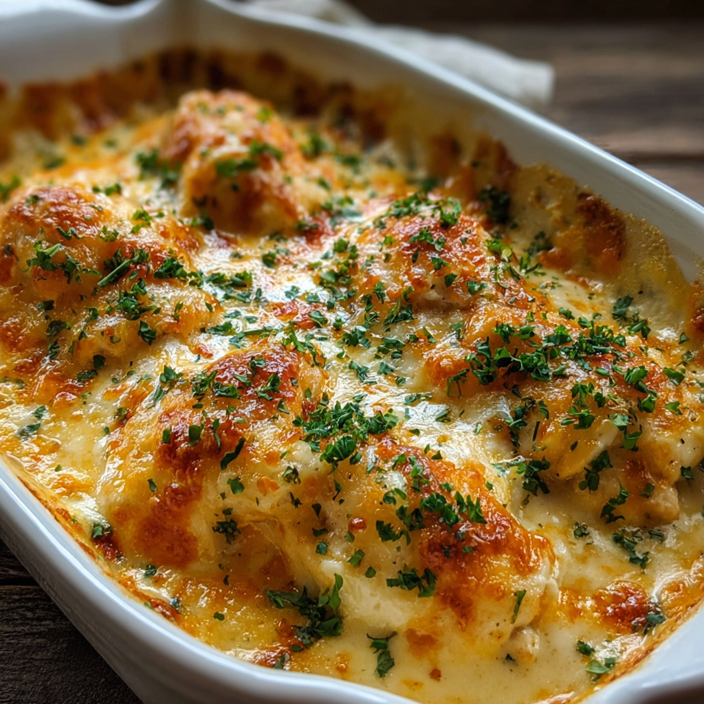 Cheesy sour cream chicken baking in dish