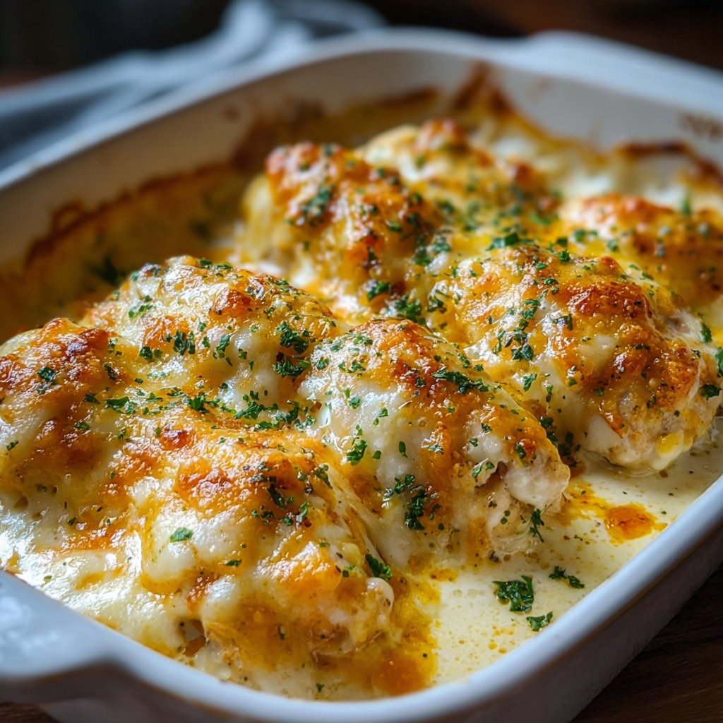 Plated cheesy sour cream chicken with garnish