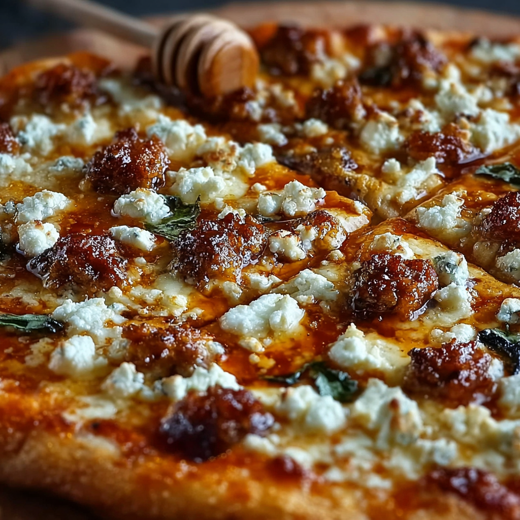 Close-up of hot honey drizzle and crumbled feta