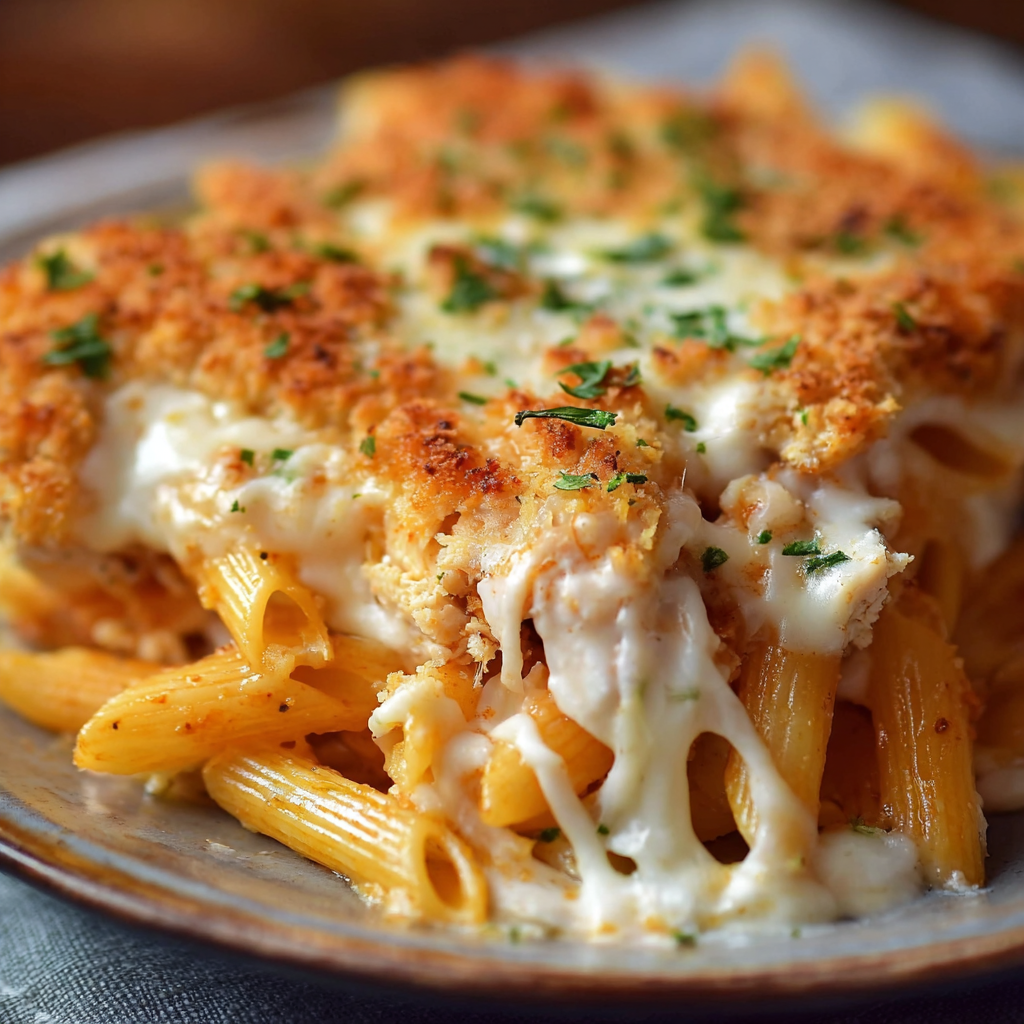 Close-up of cheesy topping with golden breadcrumbs