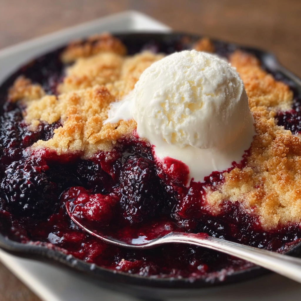 Blackberry cobbler baking in a dish