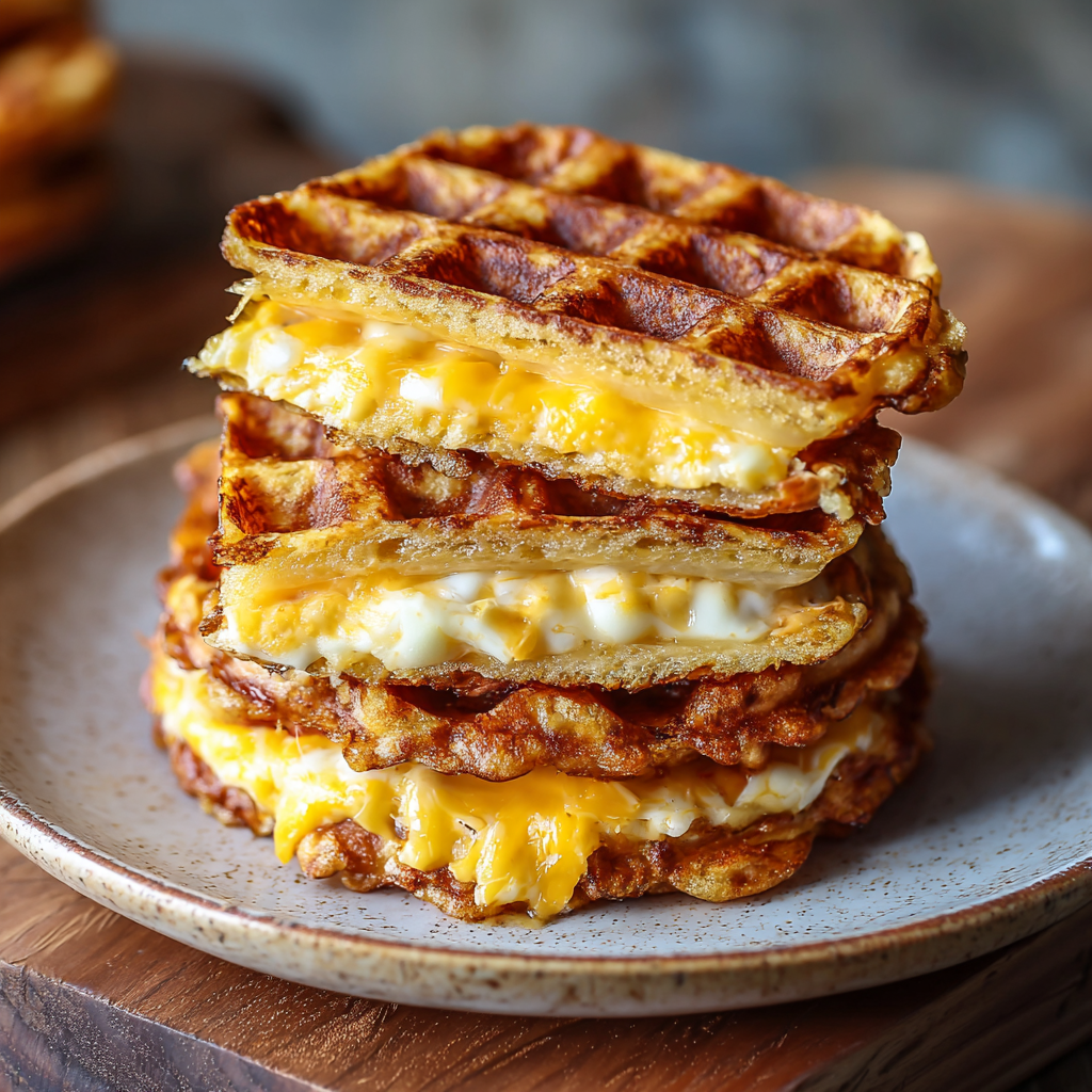 Chaffle sandwich cut in half showing melty interior