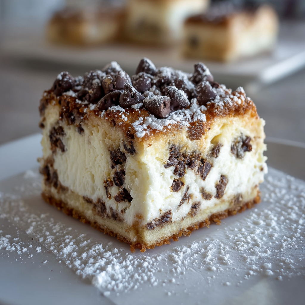 Close up of a cannoli cheesecake bar with powdered sugar