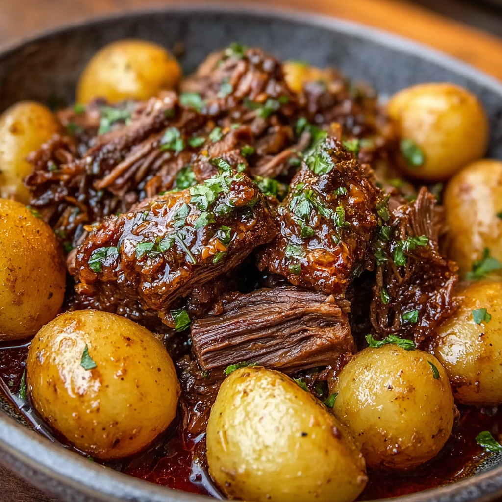 Slow cooker garlic butter beef with potatoes