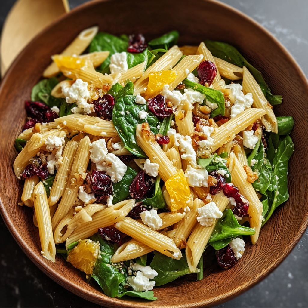 Bowl of feta and cranberry penne salad with orange slices