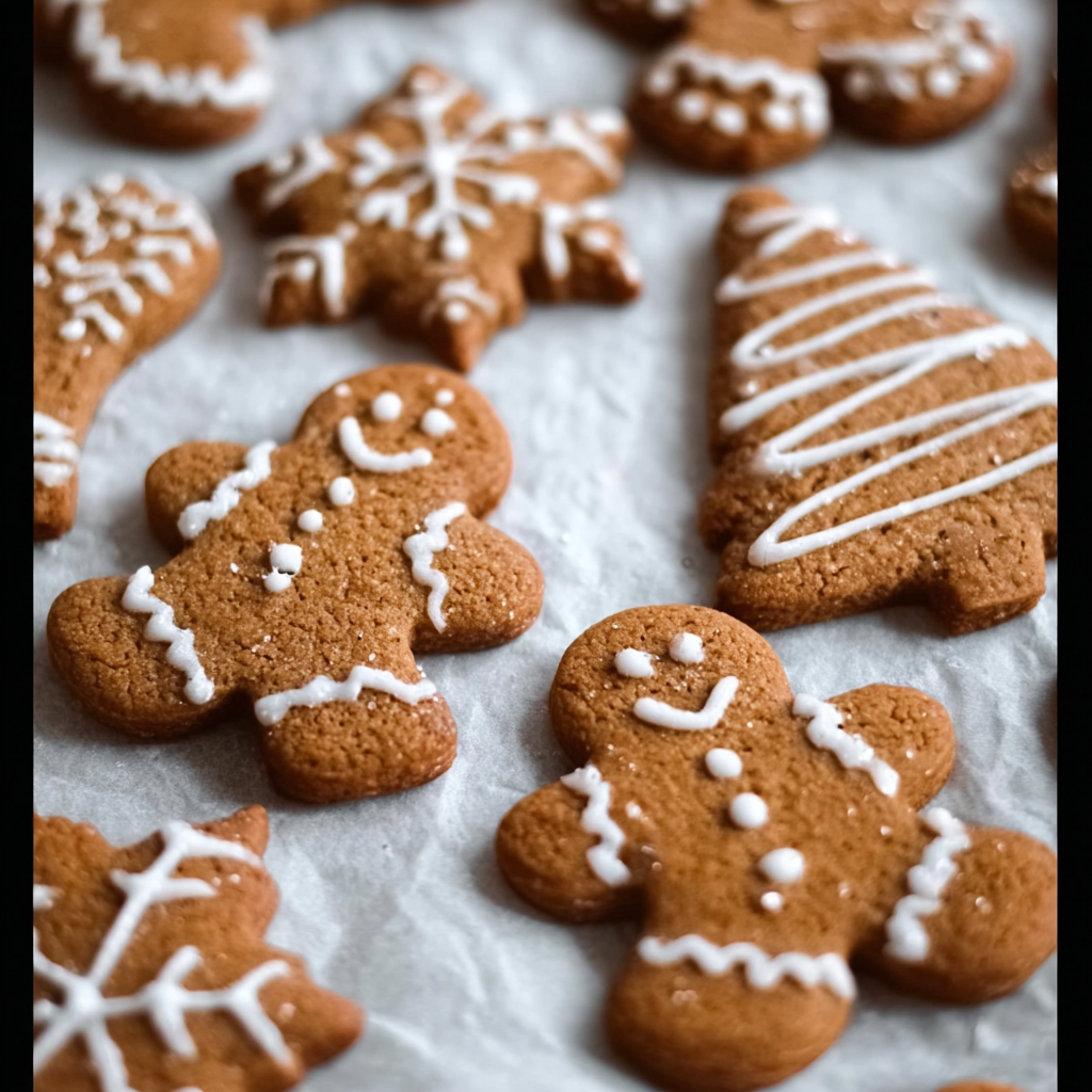 Iced gingerbread cookies arranged on a platter