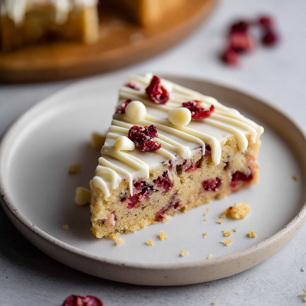 Close up of frosted cranberry bliss bars with white chocolate drizzle