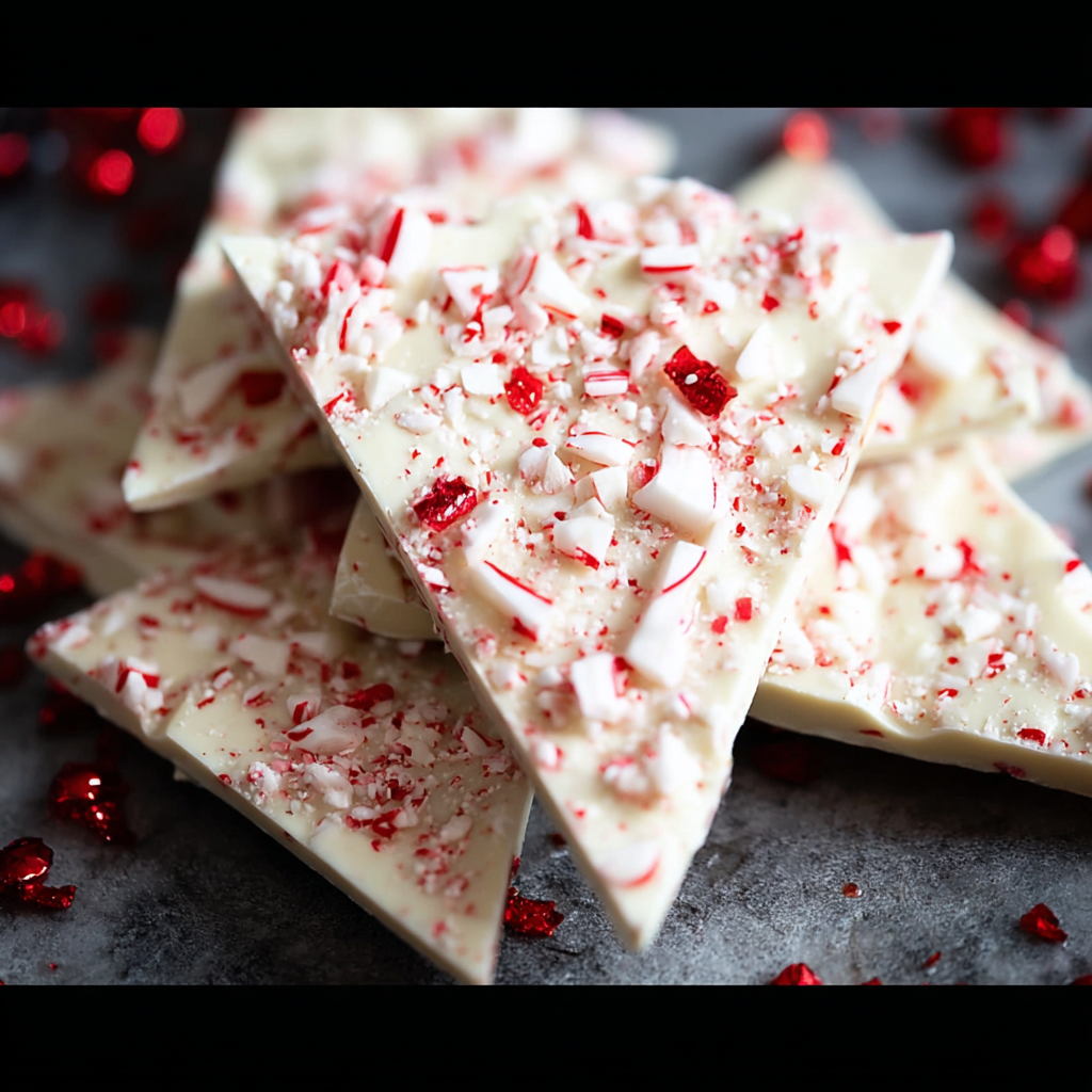 Close up of peppermint shards on white chocolate