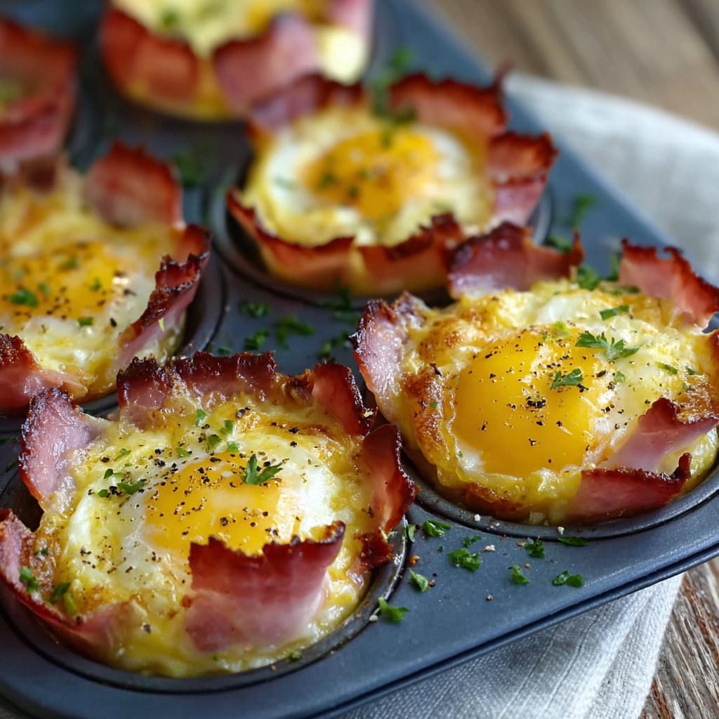 Ham and eggs cups in muffin tin