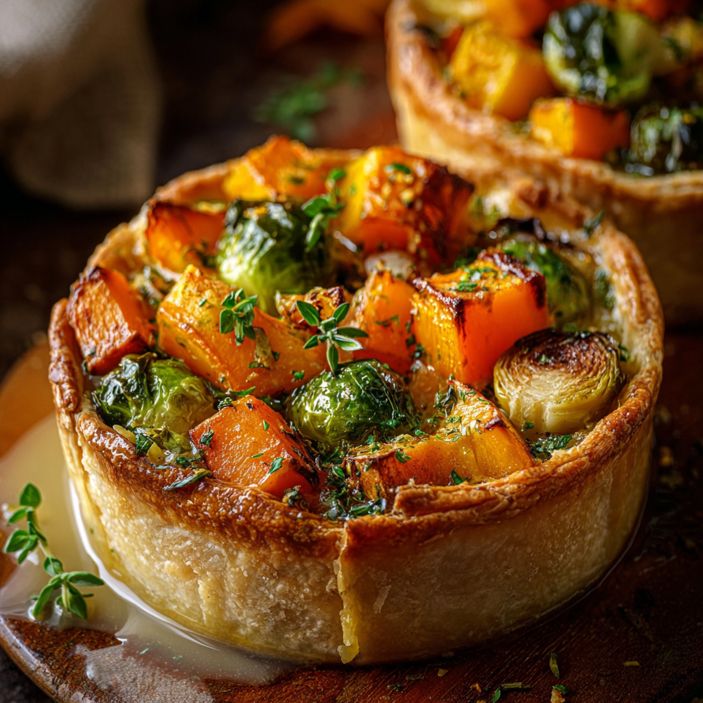 Individual pot pies with golden puff pastry tops