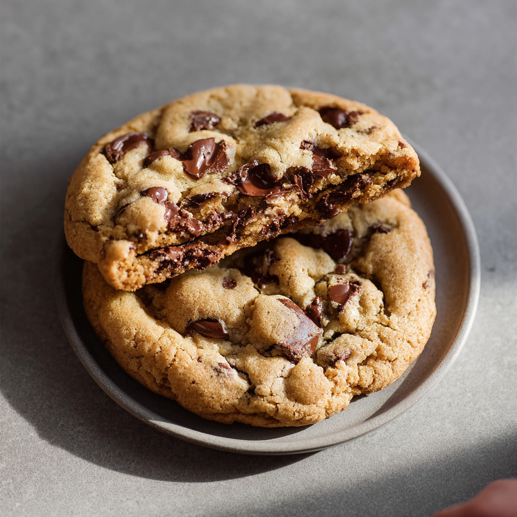 Two huge chocolate chip cookies on a baking sheet