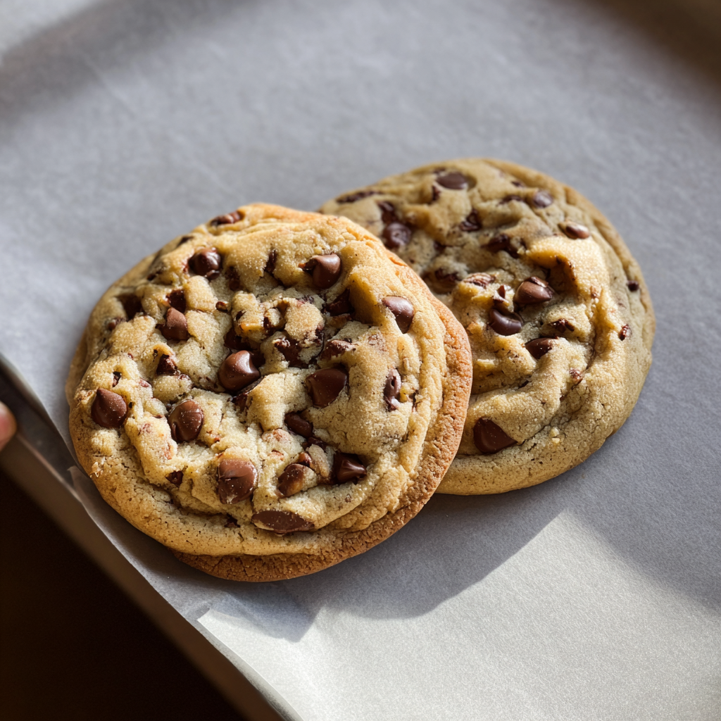 Close up of a gooey center chocolate chip cookie