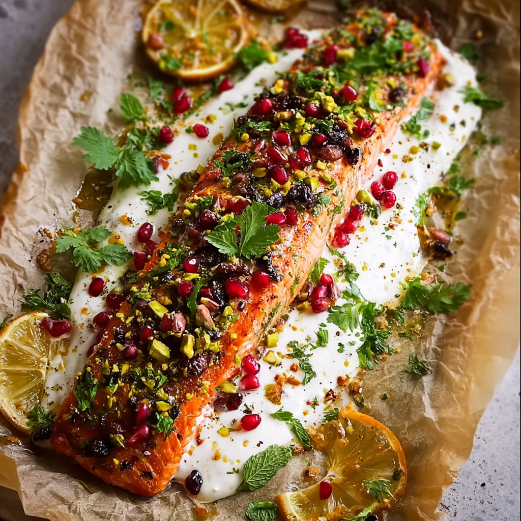 Plated salmon with dill cream and tapenade