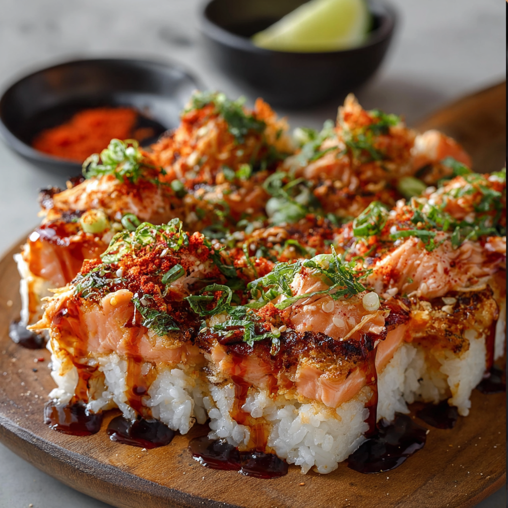 Baked spicy salmon on seasoned rice in a dish