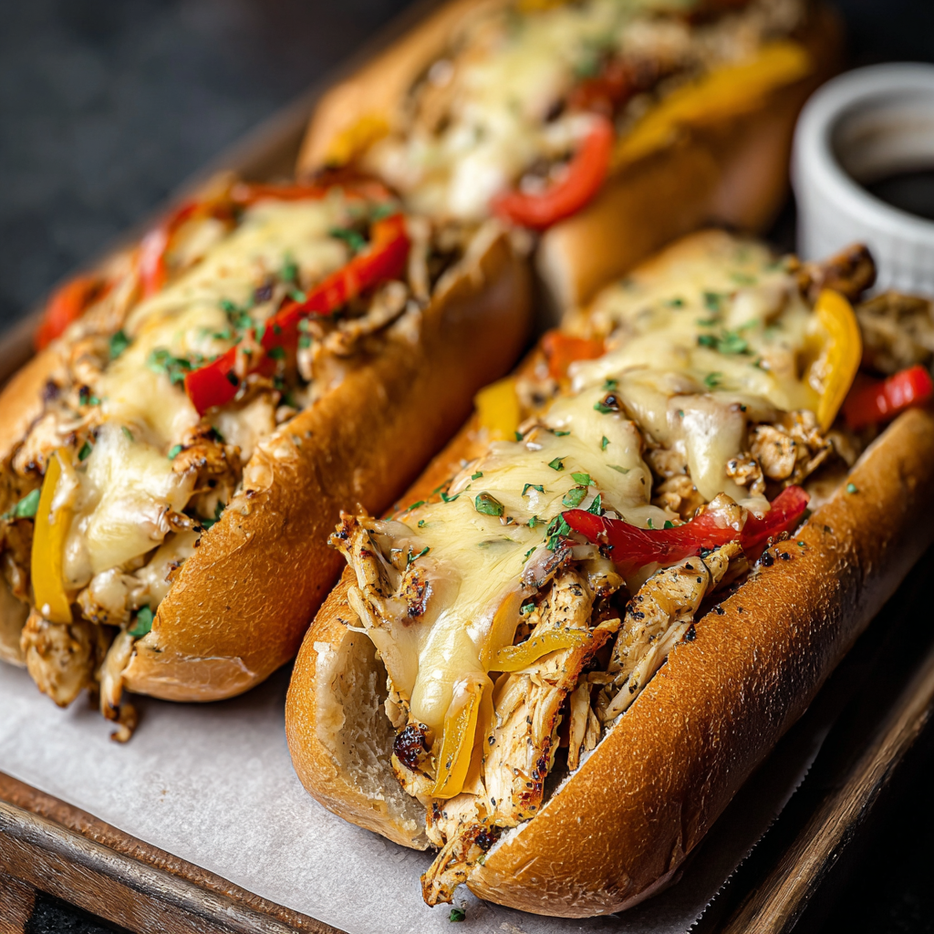 Skillet of chicken, peppers, onions with melting cheese