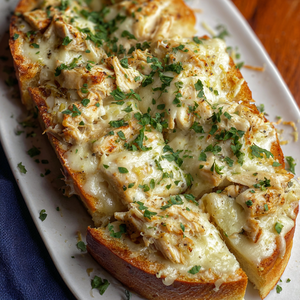 Chicken Alfredo Garlic Bread on baking sheet