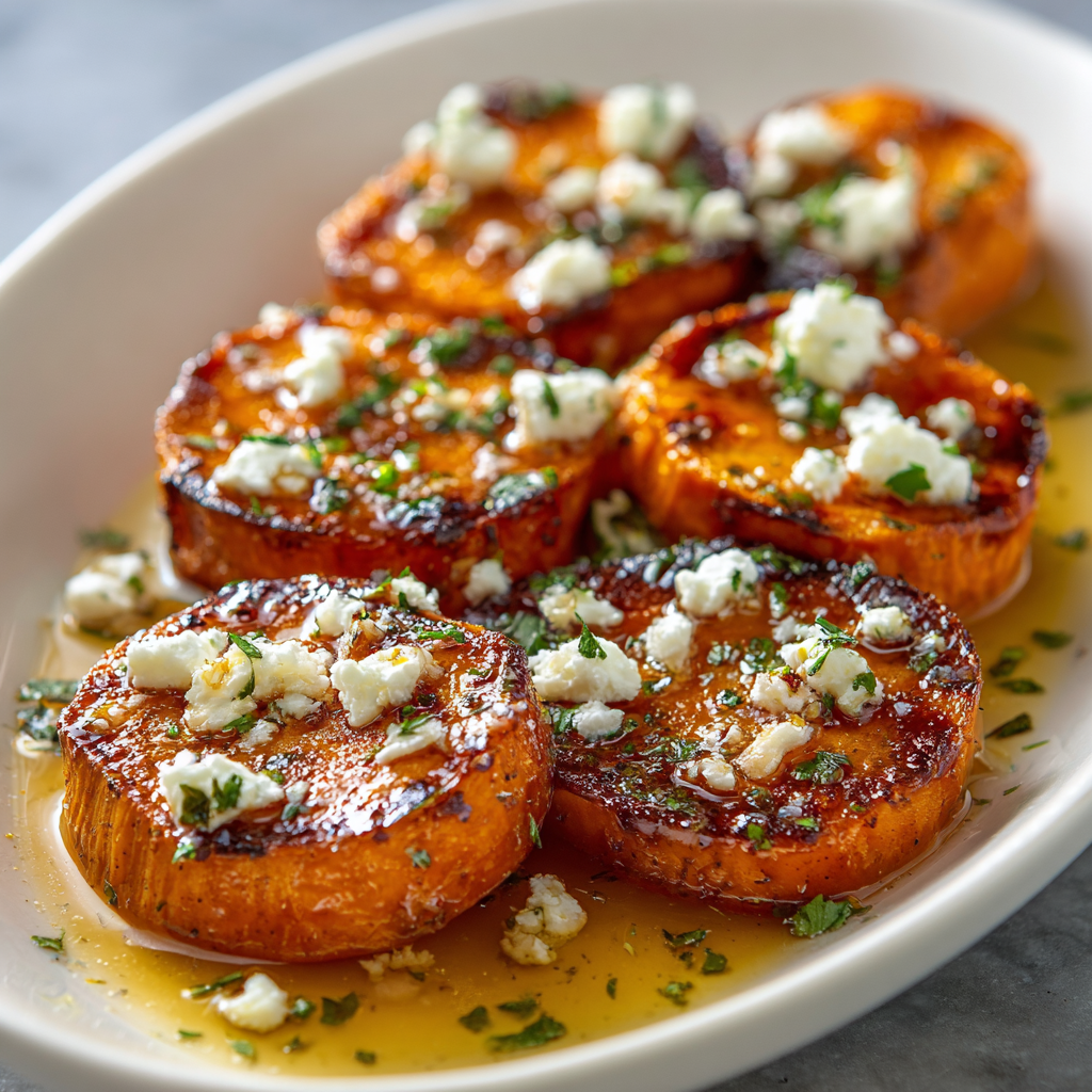 Close up of honey-drizzled sweet potato rounds