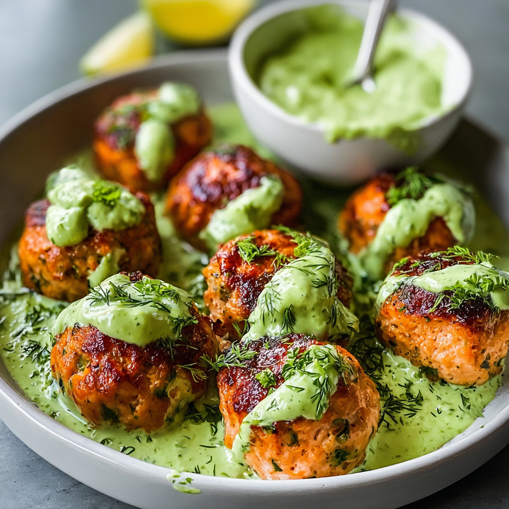 Baked salmon meatballs on parchment with avocado dipping sauce