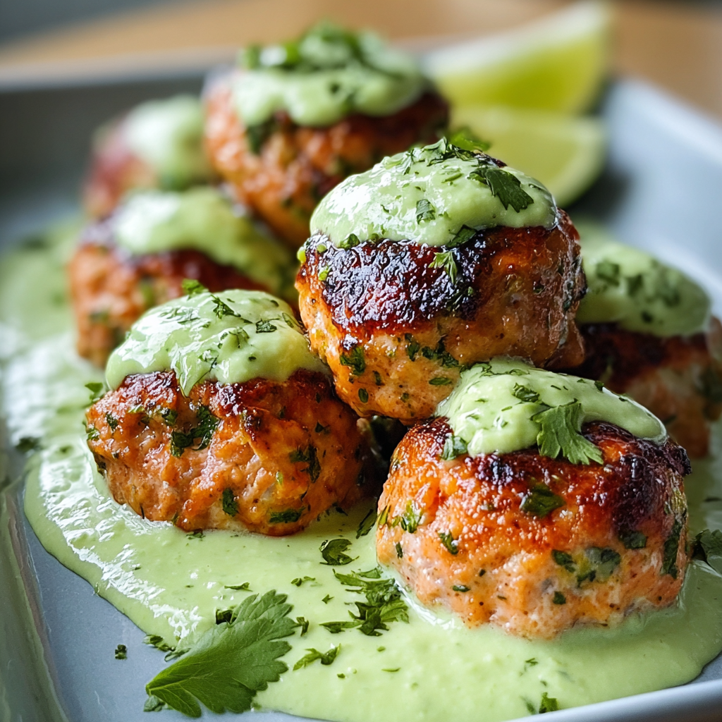Close-up of creamy avocado sauce alongside salmon meatballs