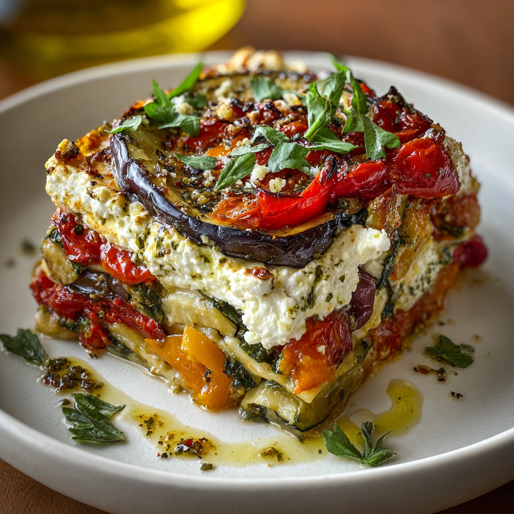 Sliced lasagna served on plate with fresh basil